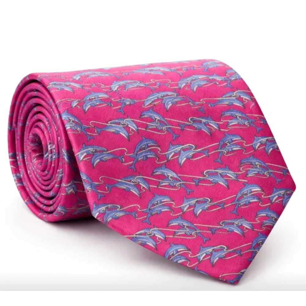 Brooks Brothers Necktie Men OS Pink‎ Dolphin Animal Print Silk USA Preepy Resort